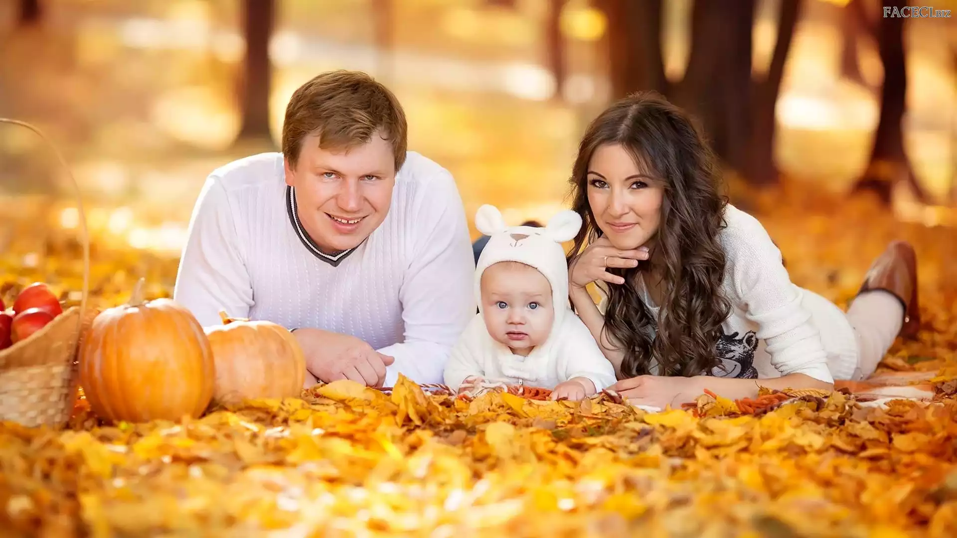 Dziecko, Mama, Dynie, Liście, Tata, Jesień