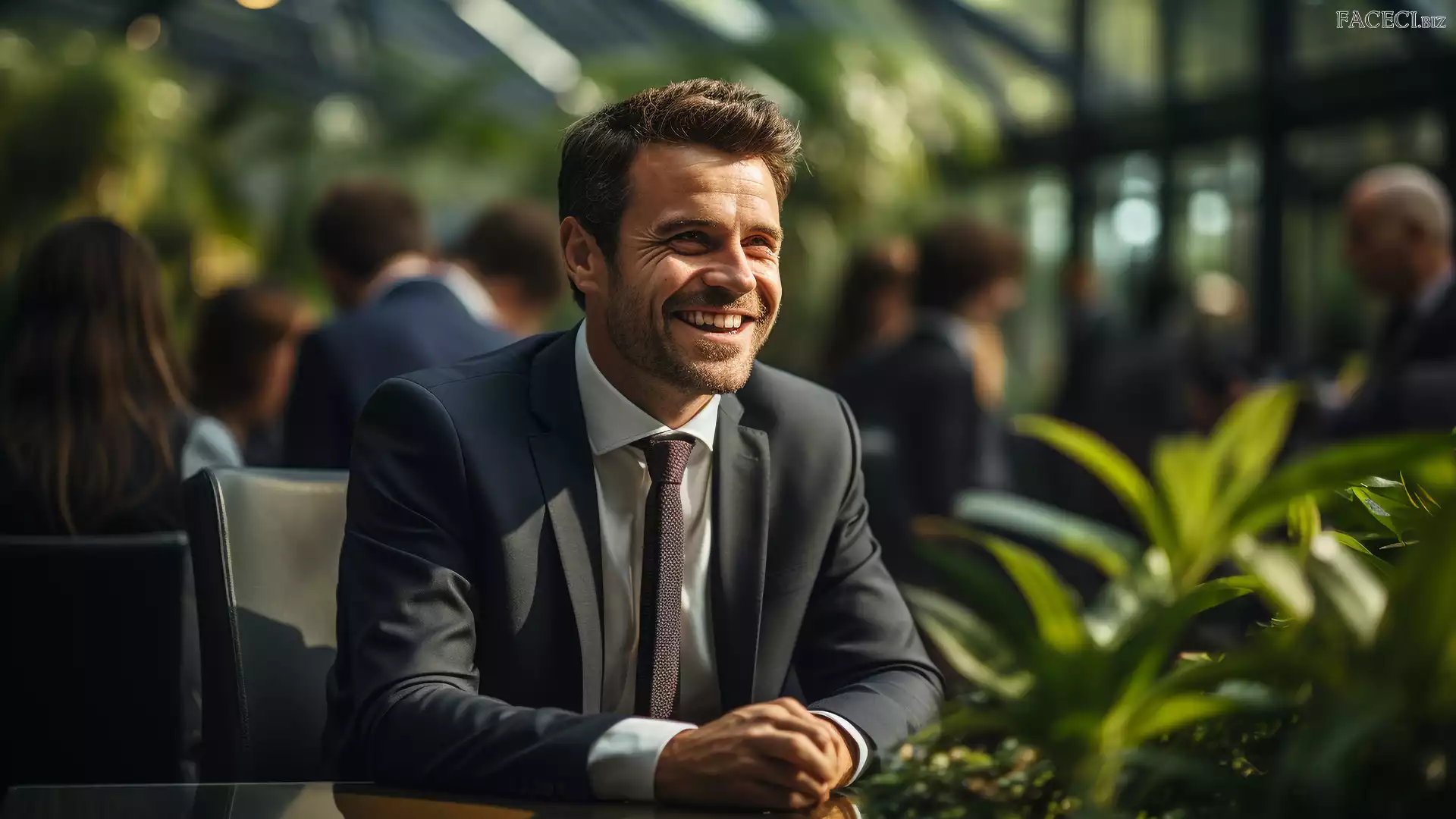 Uśmiechnięty, Mężczyzna, Stolik, Garnitur