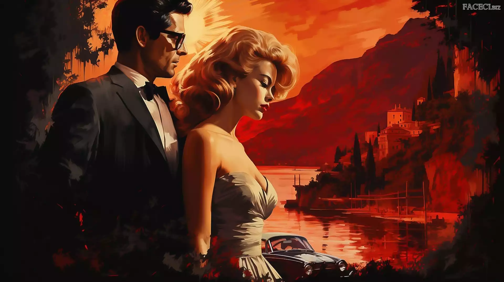 Góry Zachód słońca, Jezioro, Grafika, Kobieta, Mężczyzna