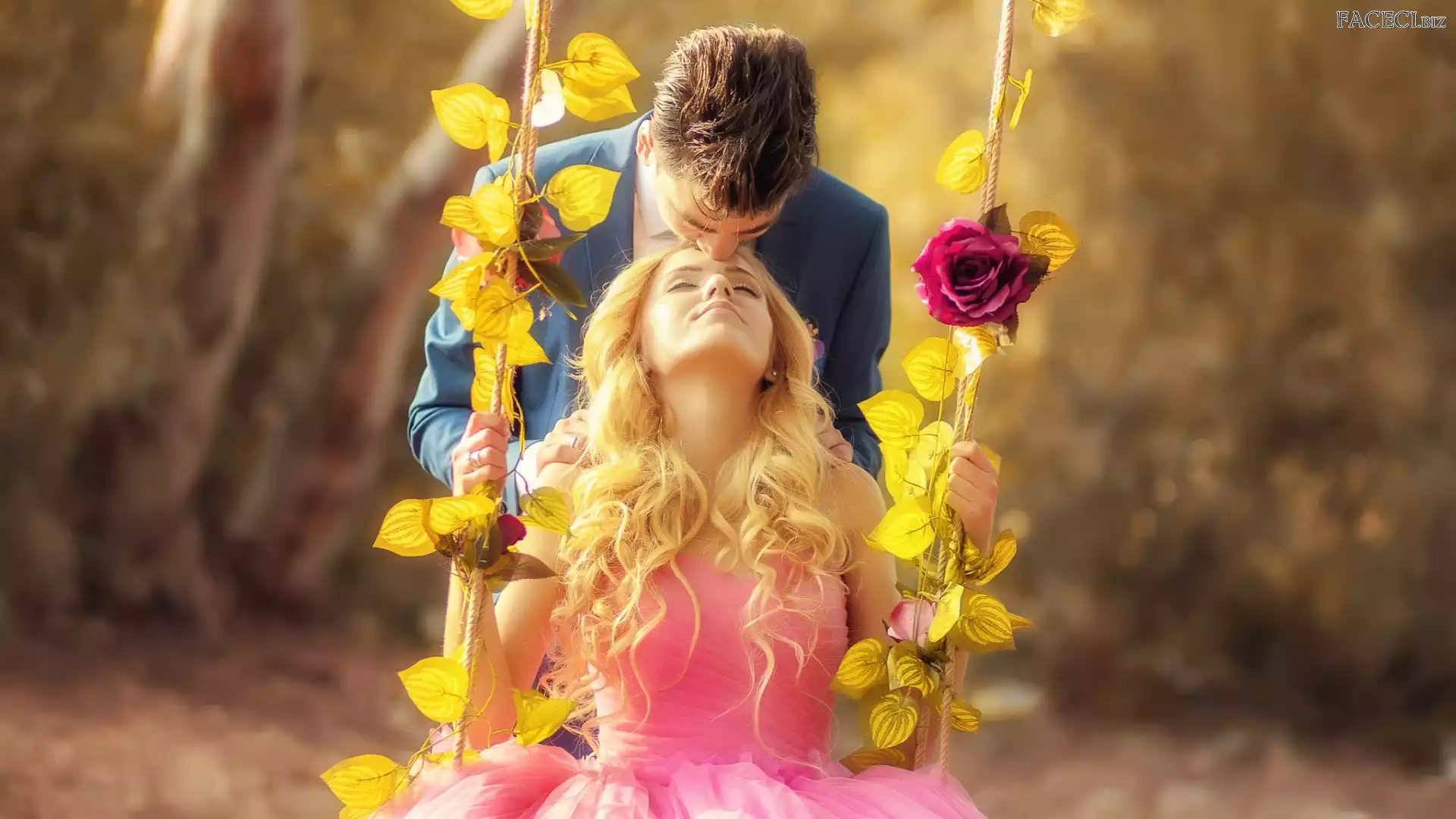 Róża, Mężczyzna, Para, Liście, Huśtawka, Kobieta, Zakochani, Miłość