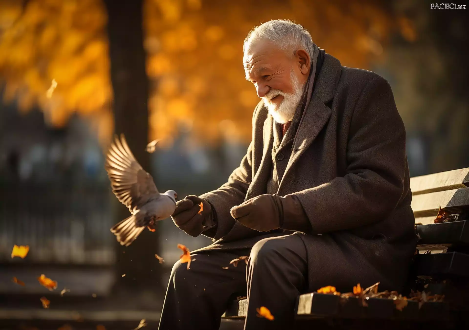 Mężczyzna, Jesień, Gołębie, Park