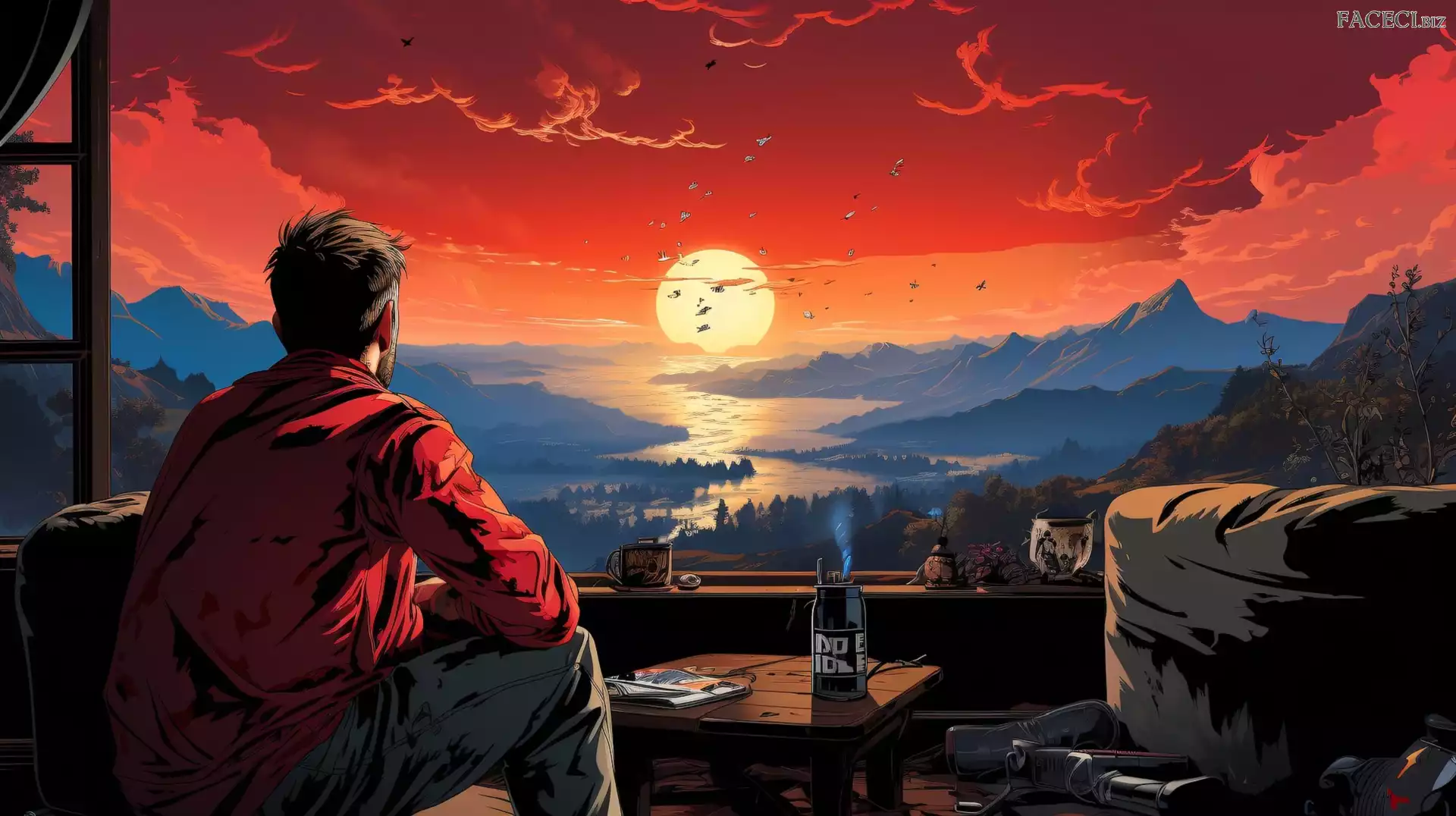 Balkon, Mężczyzna, 2D, Zachód słońca, Góry